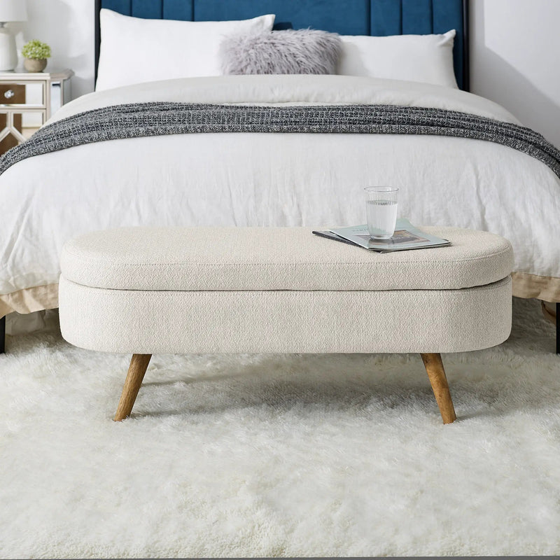 Ottoman Oval Storage Bench, Rubber Wood Legs, Beige (43.5"x16"x16") by HouseOfZazla