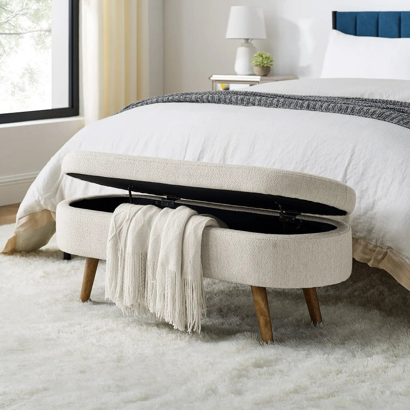 Ottoman Oval Storage Bench, Rubber Wood Legs, Beige (43.5"x16"x16") by HouseOfZazla