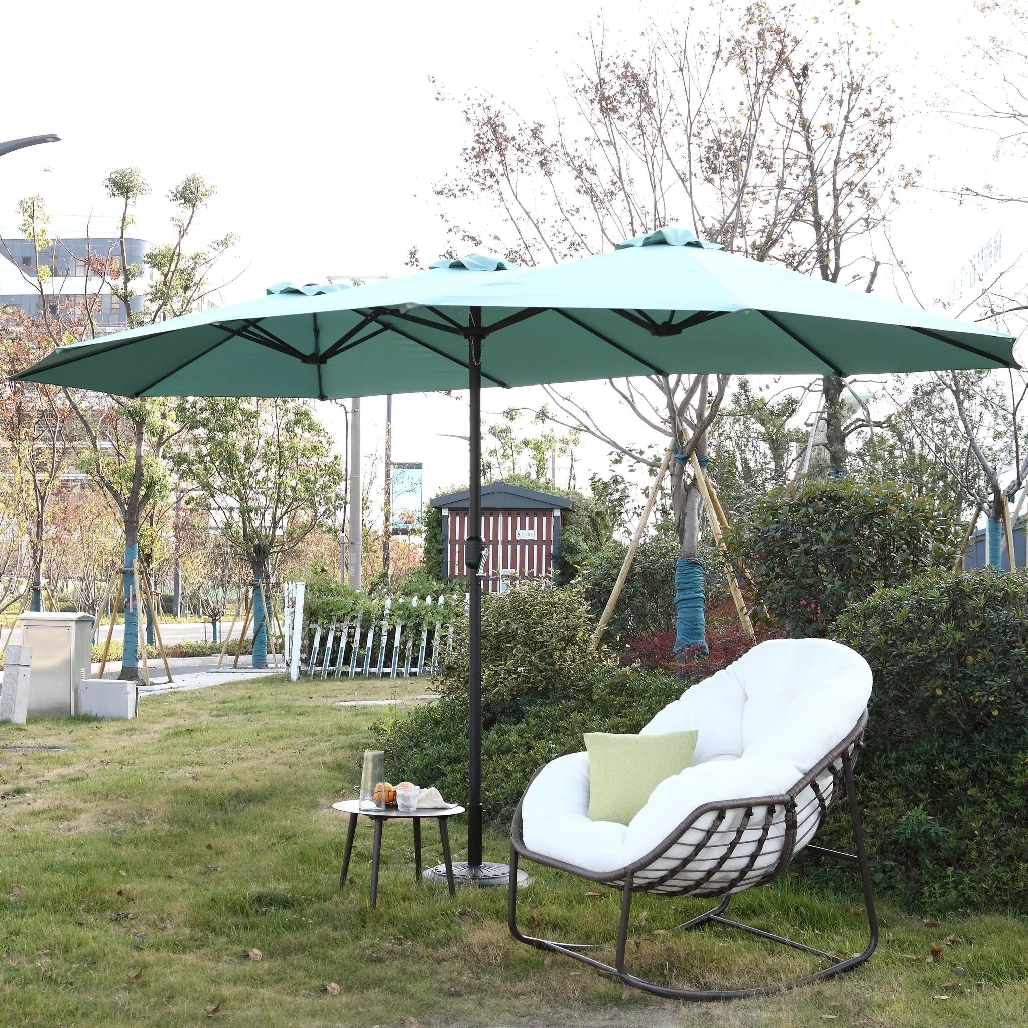 14.8 Ft Double Sided Outdoor Umbrella Rectangular Large with Crank (Light Green) (No Base) by HouseOfZazla