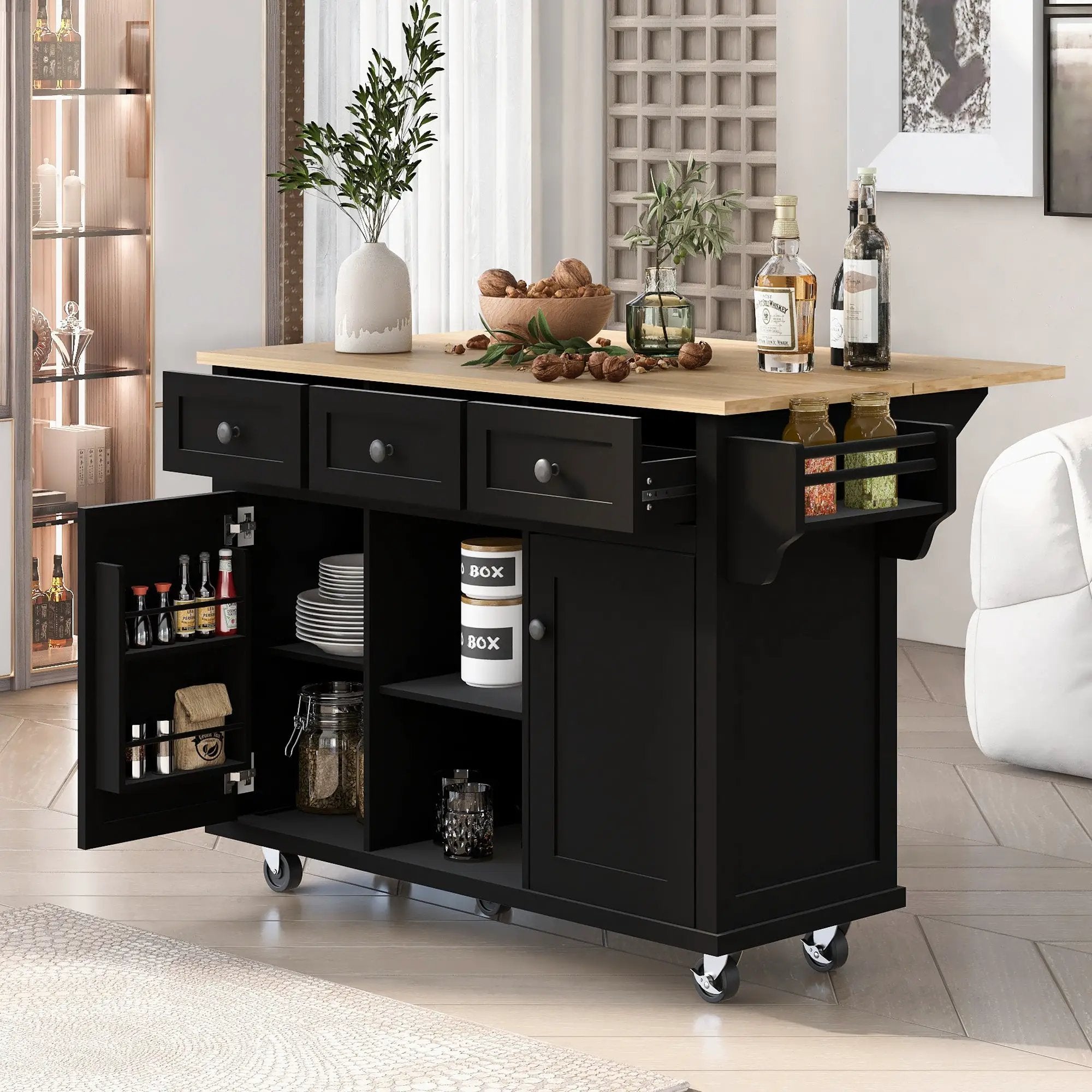 Rubber Wood Drop-Leaf Kitchen Cart with Storage by HouseOfZazla