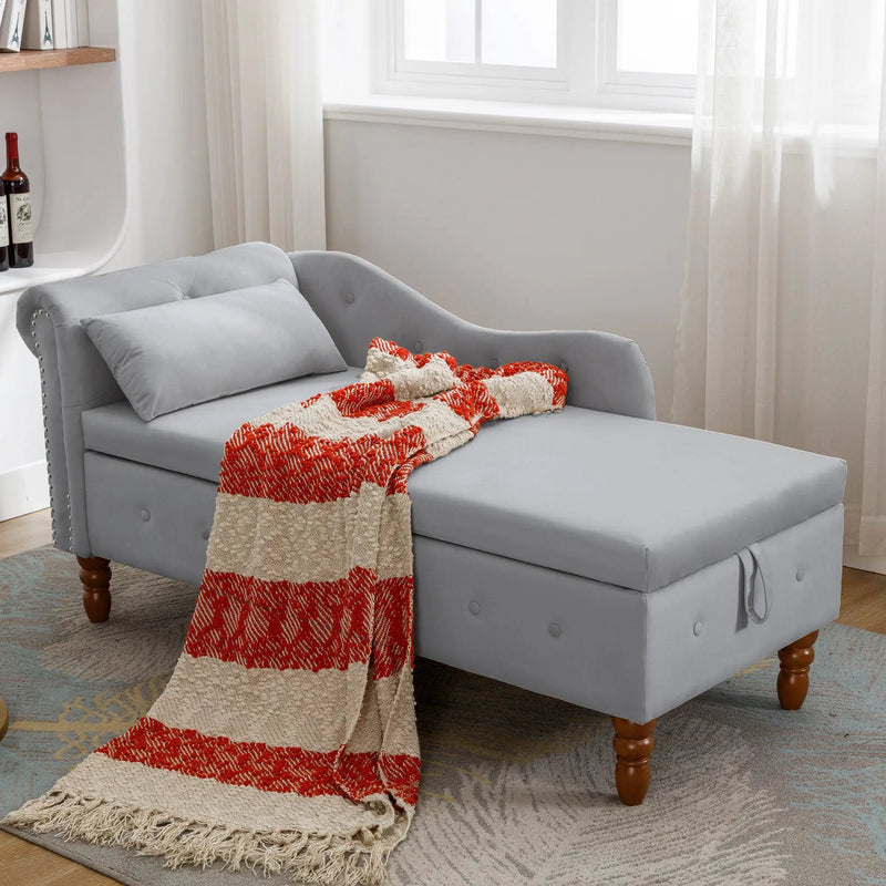 Grey Velvet Chaise Lounge Indoor with Storage & Pillow by HouseOfZazla
