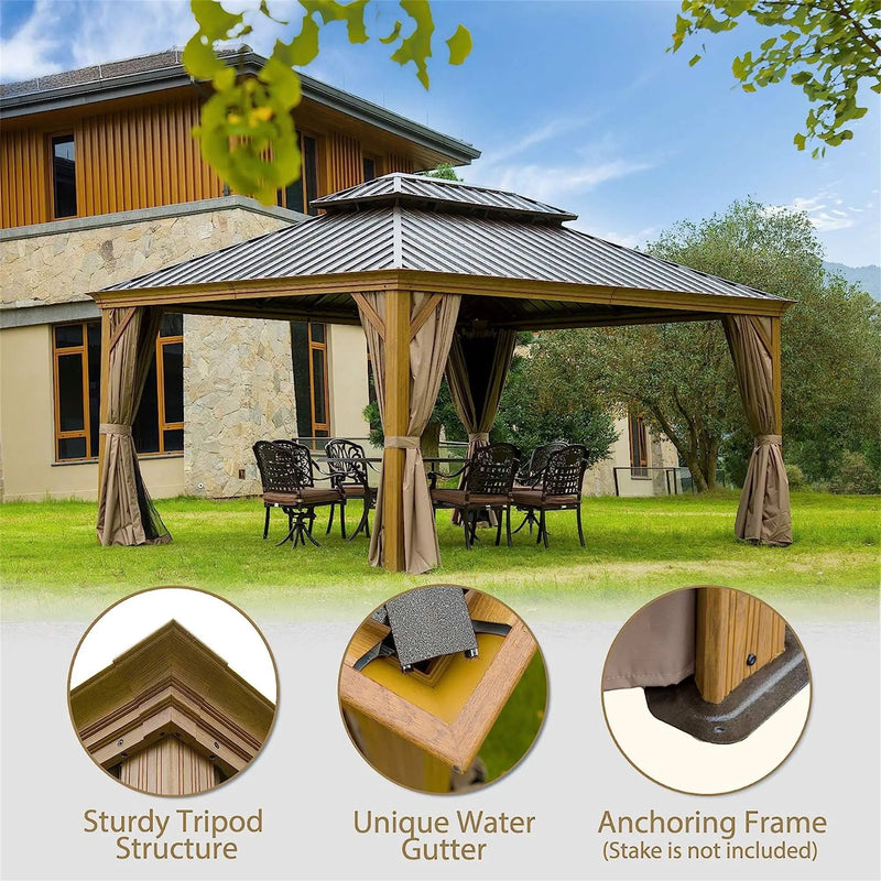 12'x14' Hardtop Gazebo, Wooden Coated Aluminum Frame Canopy by HouseOfZazla
