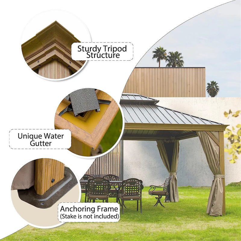 12'x14' Hardtop Gazebo, Wooden Coated Aluminum Frame Canopy by HouseOfZazla