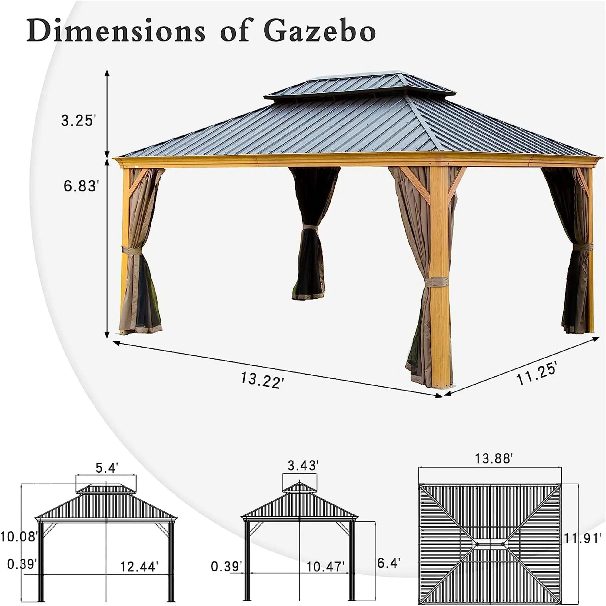 12'x14' Hardtop Gazebo, Wooden Coated Aluminum Frame Canopy by HouseOfZazla
