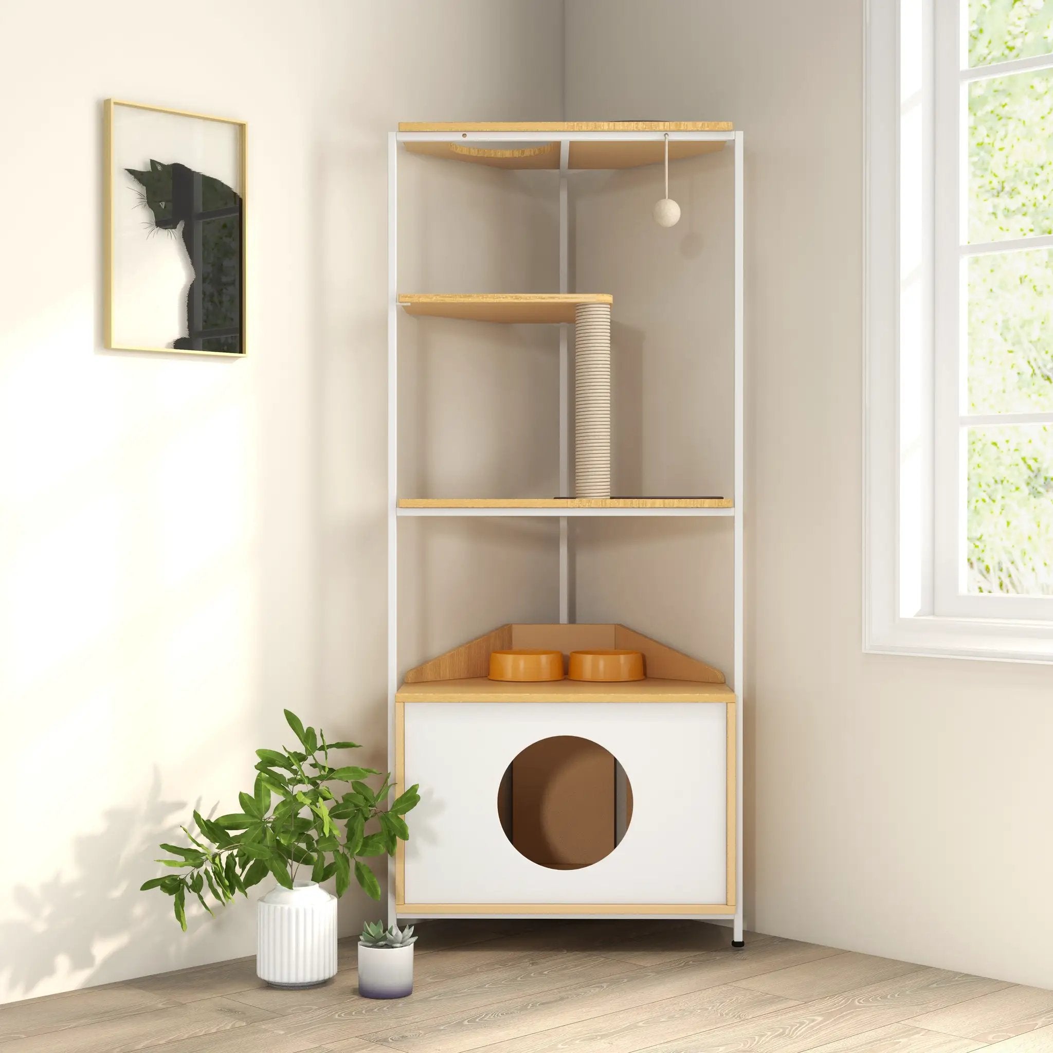 Corner Cat Tower with Scratching Post and Feeding Station by HouseOfZazla