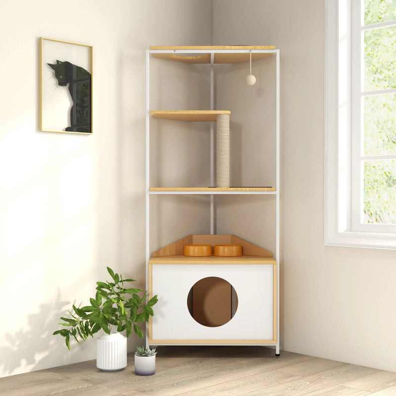Corner Cat Tower with Scratching Post and Feeding Station by HouseOfZazla