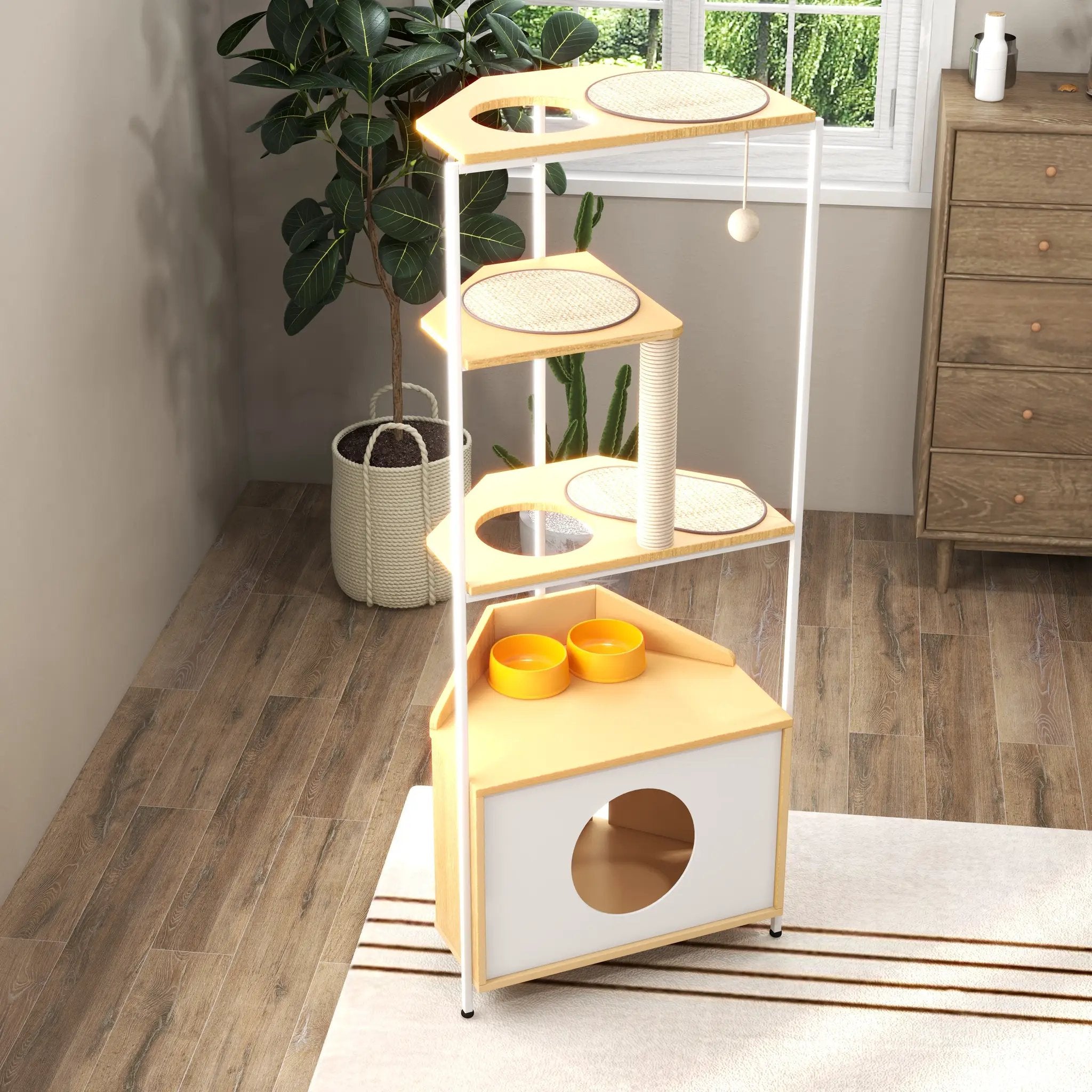 Corner Cat Tower with Scratching Post and Feeding Station by HouseOfZazla