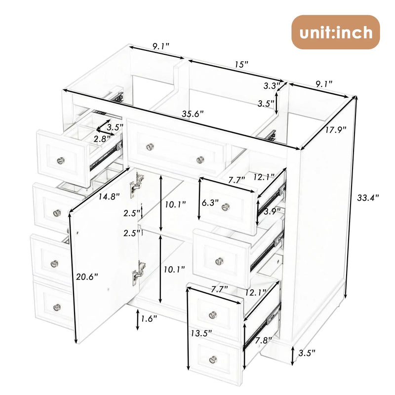 36" Bathroom Vanity without Sink, Cabinet Base Only by HouseOfZazla