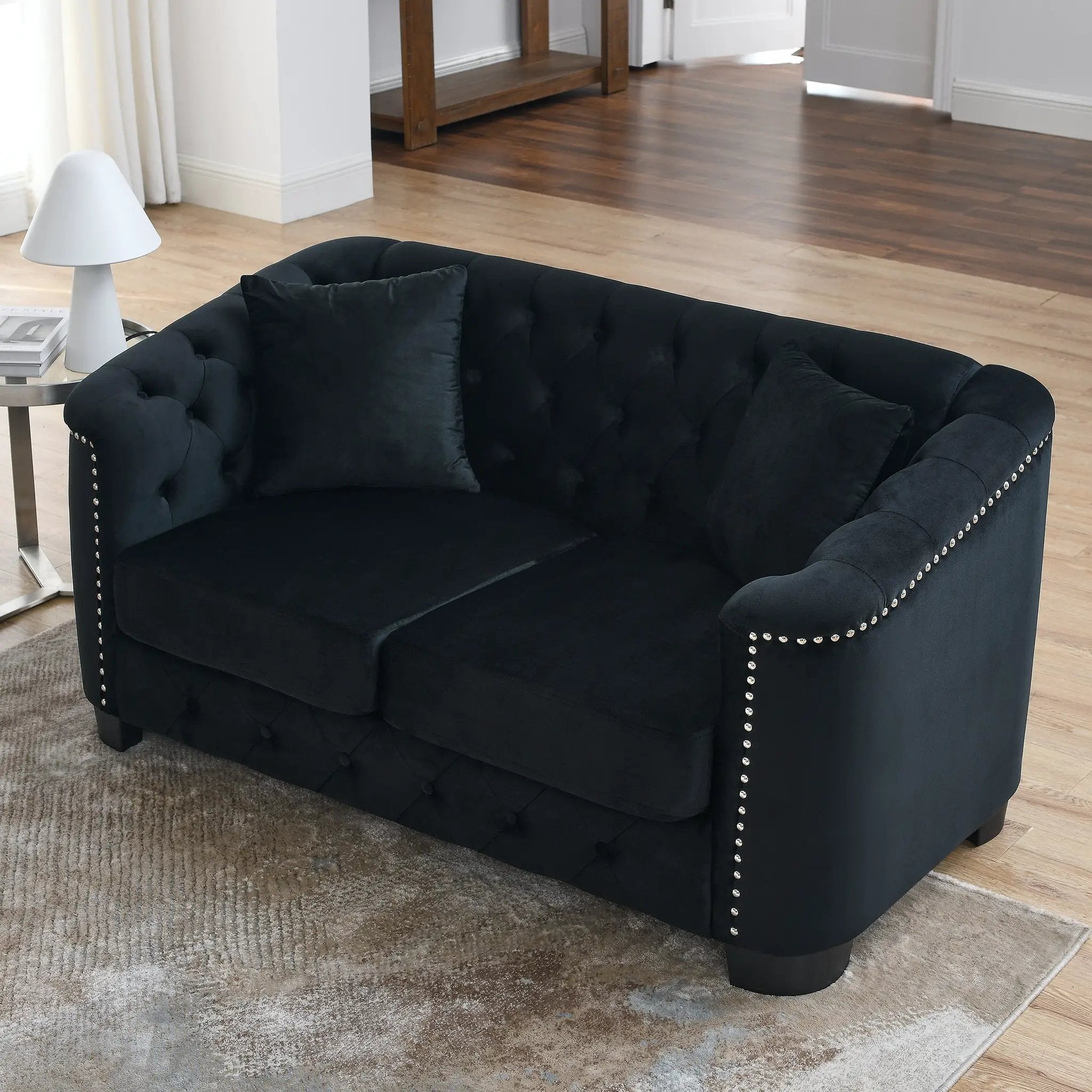 59-Inch Modern Chesterfield Velvet Sofa - 2-Seater in Black by HouseOfZazla