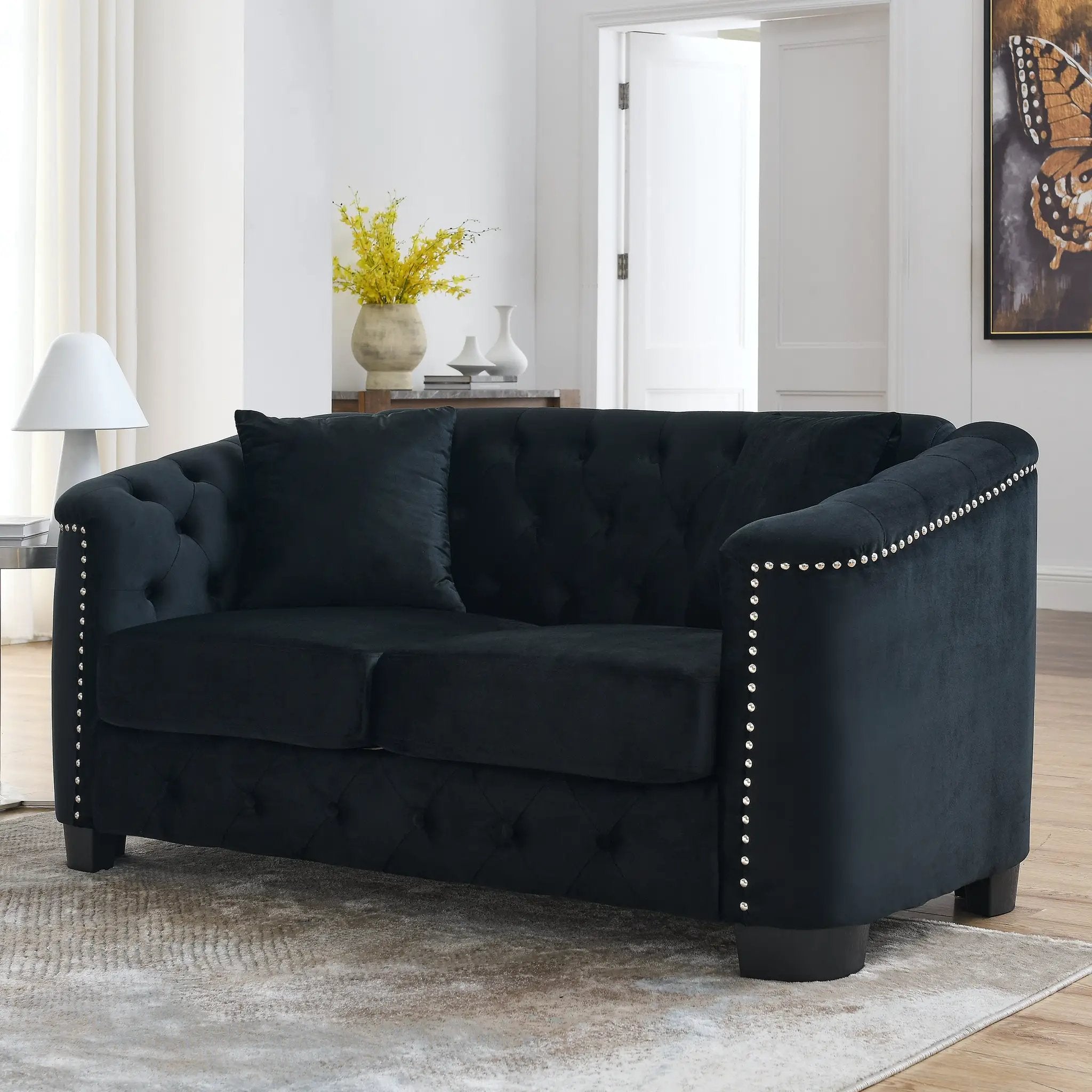 59-Inch Modern Chesterfield Velvet Sofa - 2-Seater in Black by HouseOfZazla