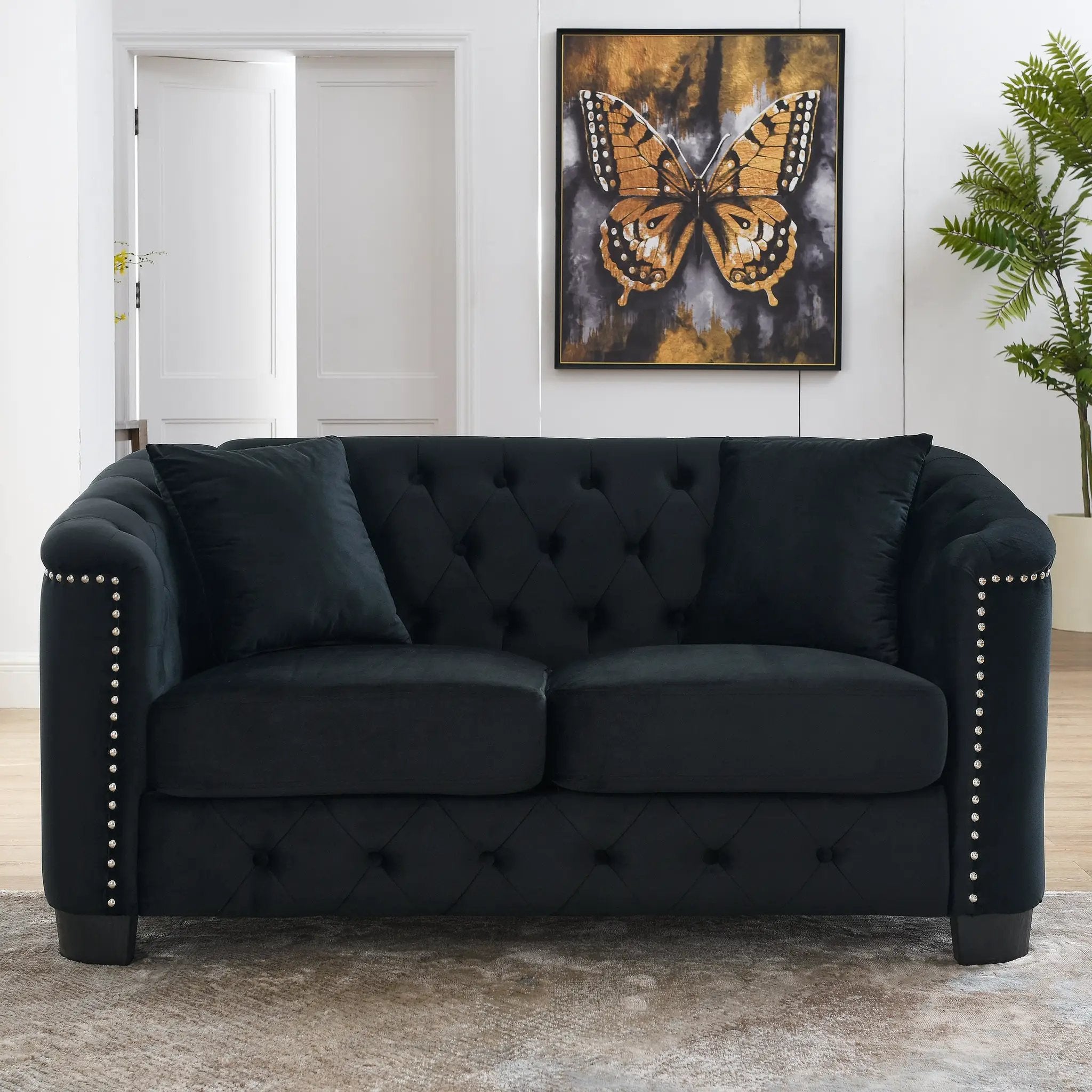 59-Inch Modern Chesterfield Velvet Sofa - 2-Seater in Black by HouseOfZazla