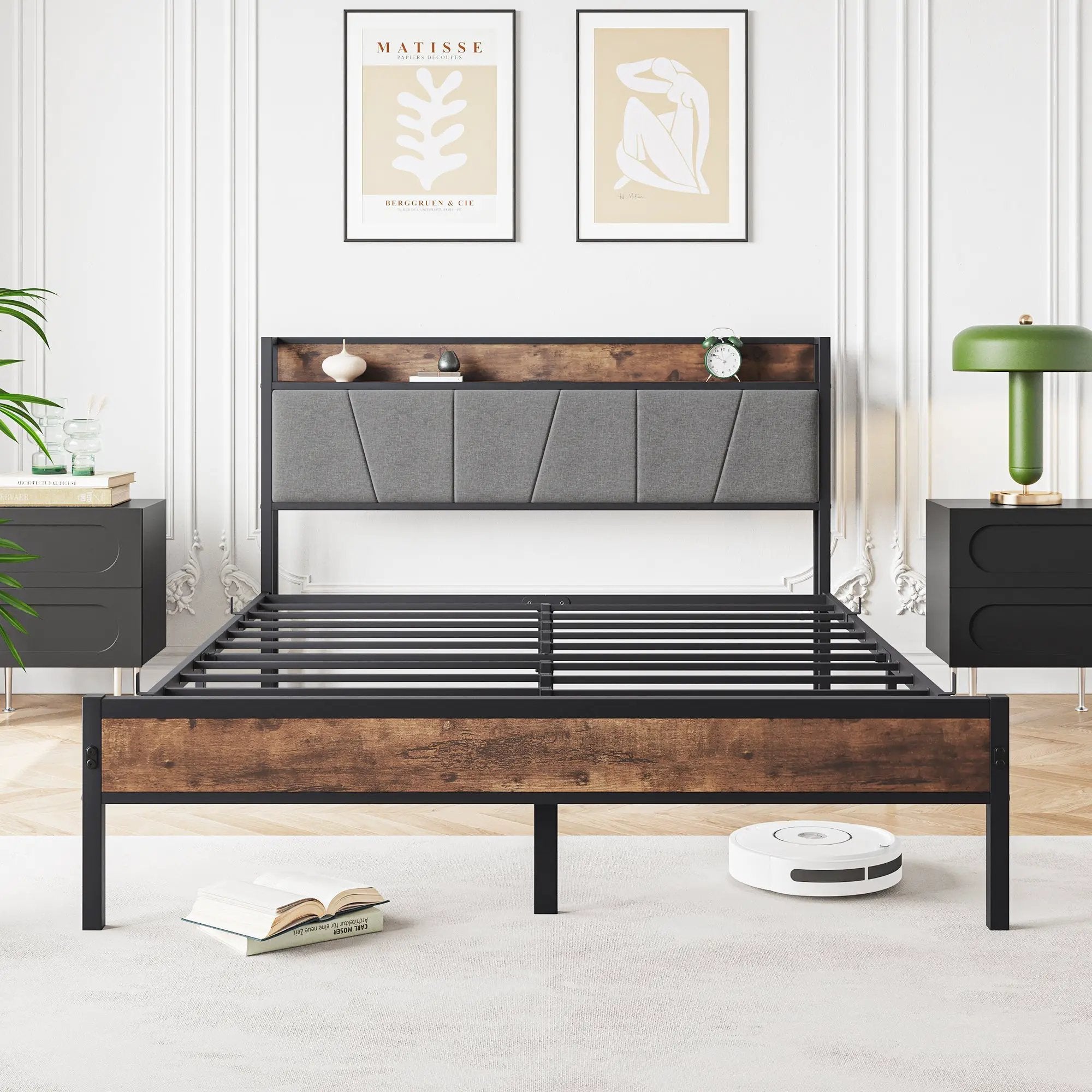 Queen Size Bed Frame with Storage Headboard and Charging Station by HouseOfZazla