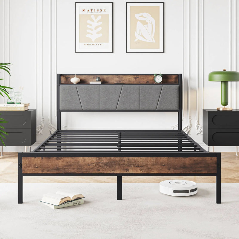 Queen Size Bed Frame with Storage Headboard and Charging Station by HouseOfZazla