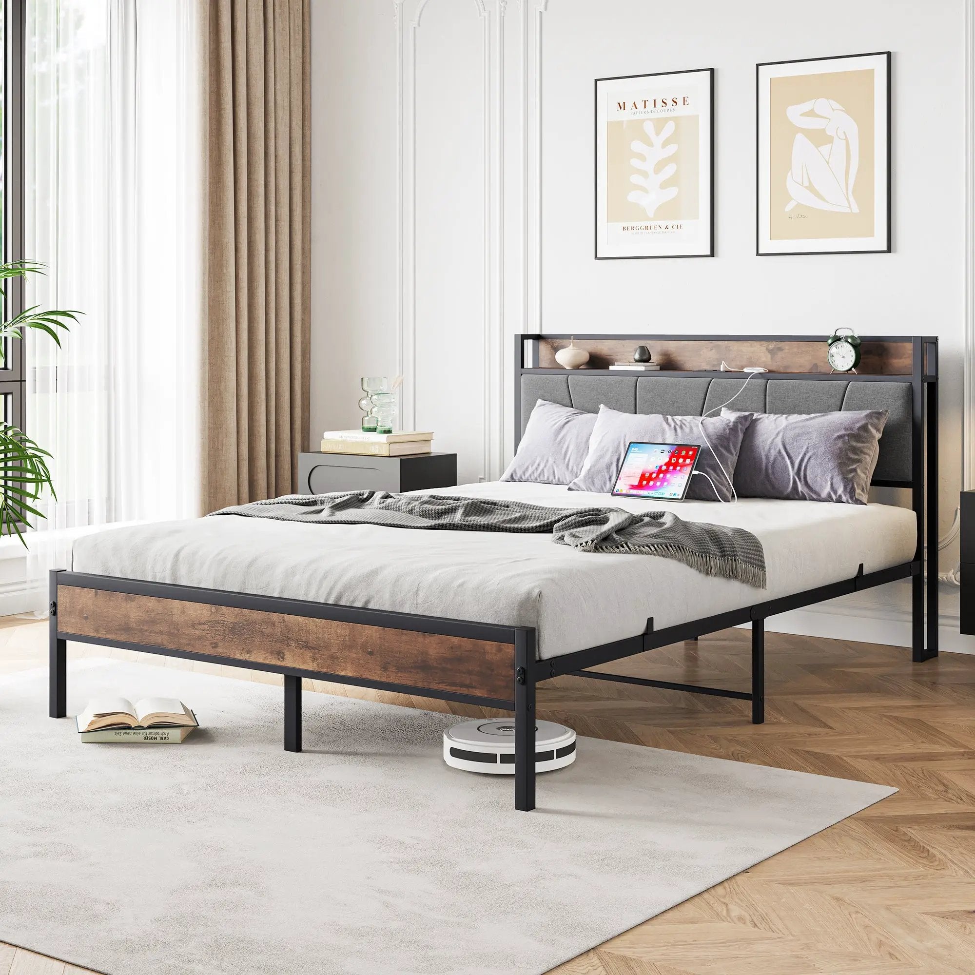 Queen Size Bed Frame with Storage Headboard and Charging Station by HouseOfZazla