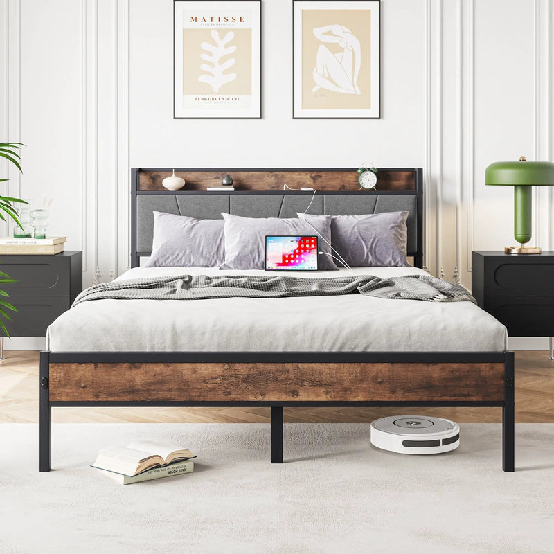 Queen Size Bed Frame with Storage Headboard and Charging Station by HouseOfZazla