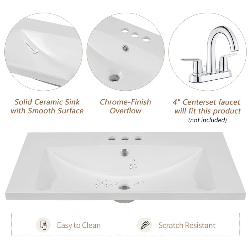 30" Single Bathroom Vanity Top with Undermount Ceramic Sink by HouseOfZazla