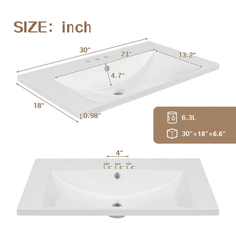 30" Single Bathroom Vanity Top with Undermount Ceramic Sink by HouseOfZazla