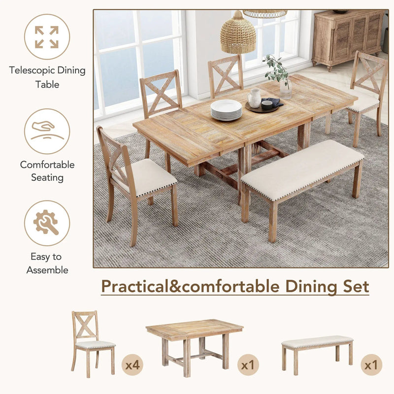 TOPMAX Farmhouse 82inch 6-Piece Extendable Dining Table Set by HouseOfZazla