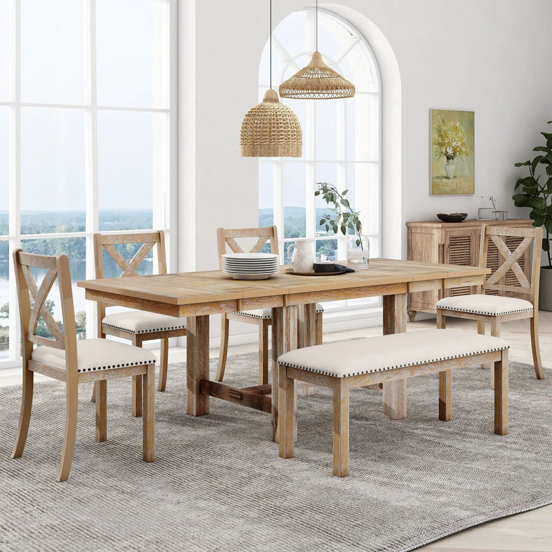TOPMAX Farmhouse 82inch 6-Piece Extendable Dining Table Set by HouseOfZazla
