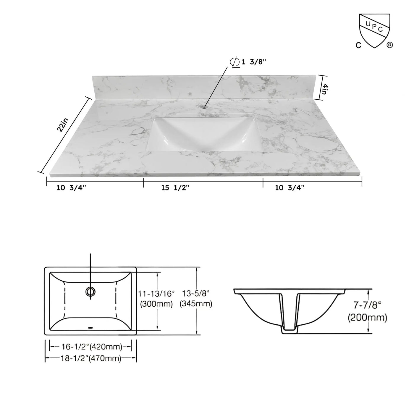 Montary 37-Inch Bathroom Vanity Top in Stone Carrara by HouseOfZazla