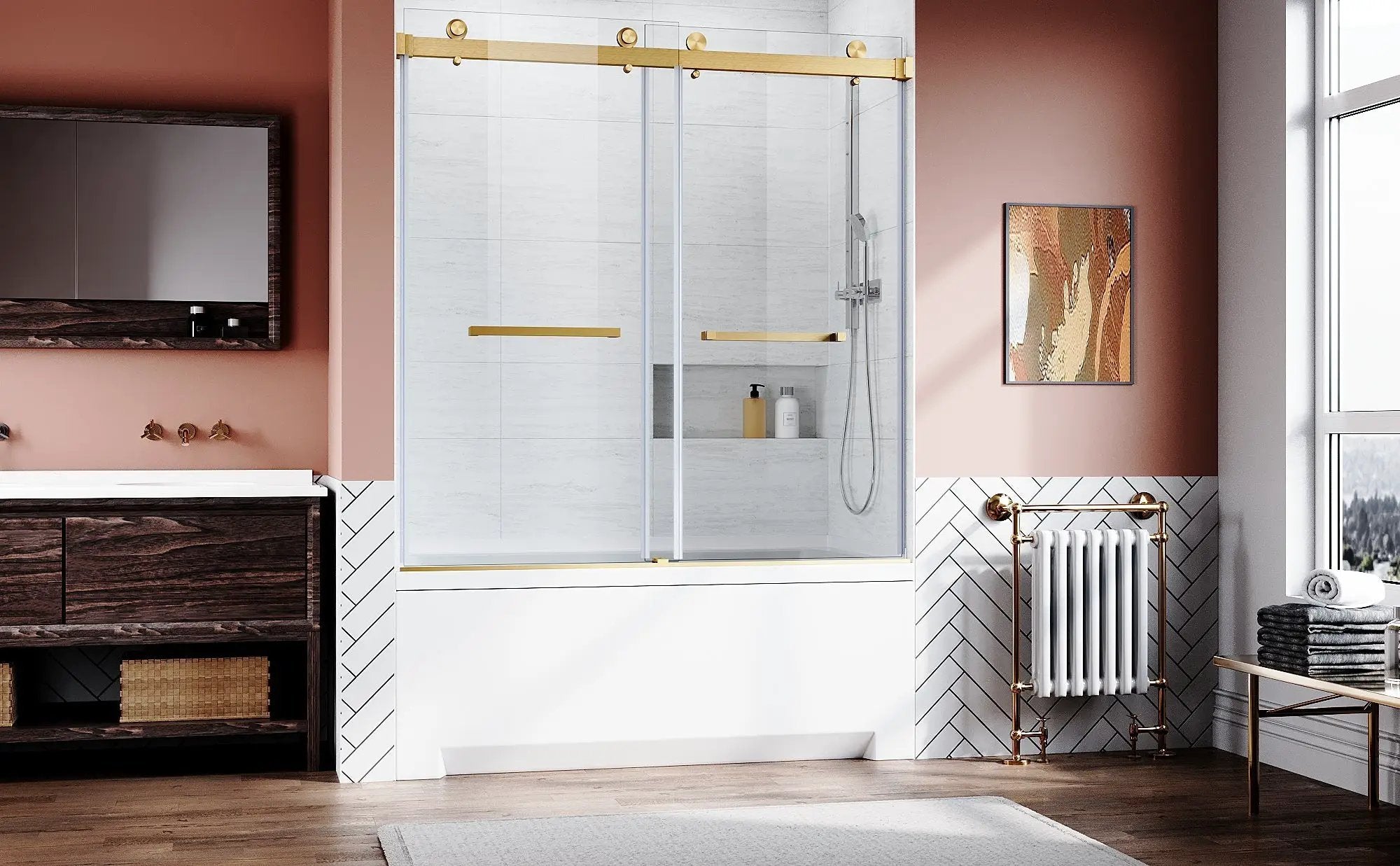 Brushed Gold Frameless Bathtub Door by HouseOfZazla