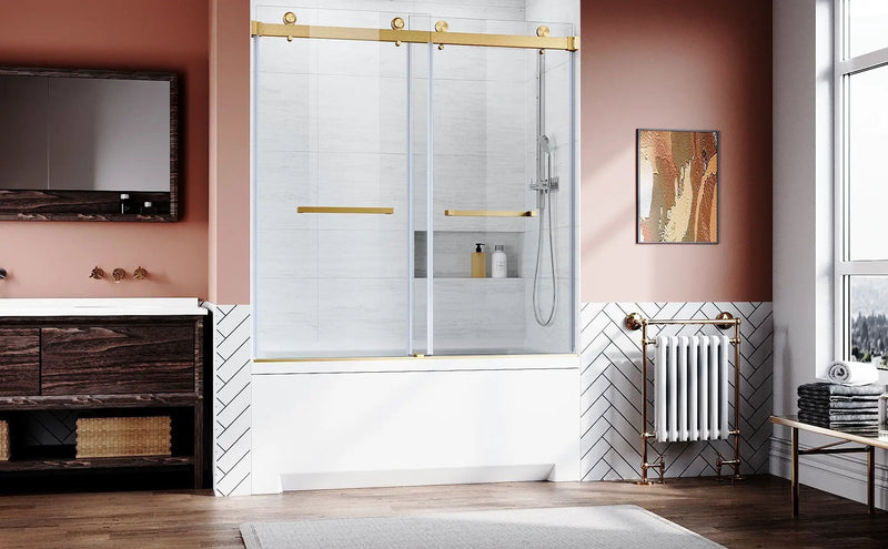 Brushed Gold Frameless Bathtub Door by HouseOfZazla
