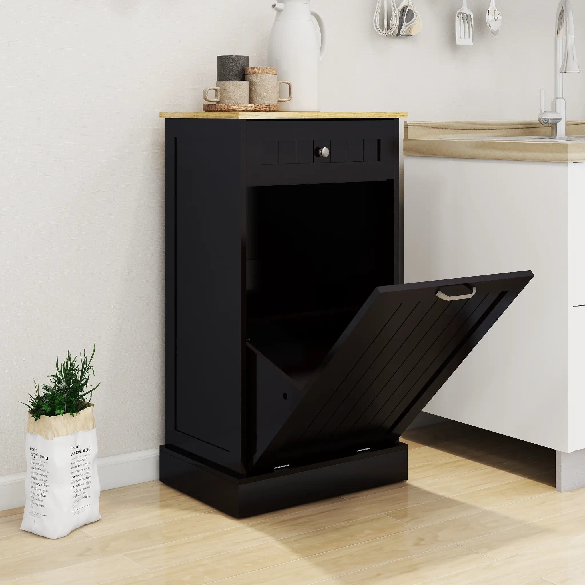 Tilt-Out Trash Cabinet with One Drawer in Black by HouseOfZazla