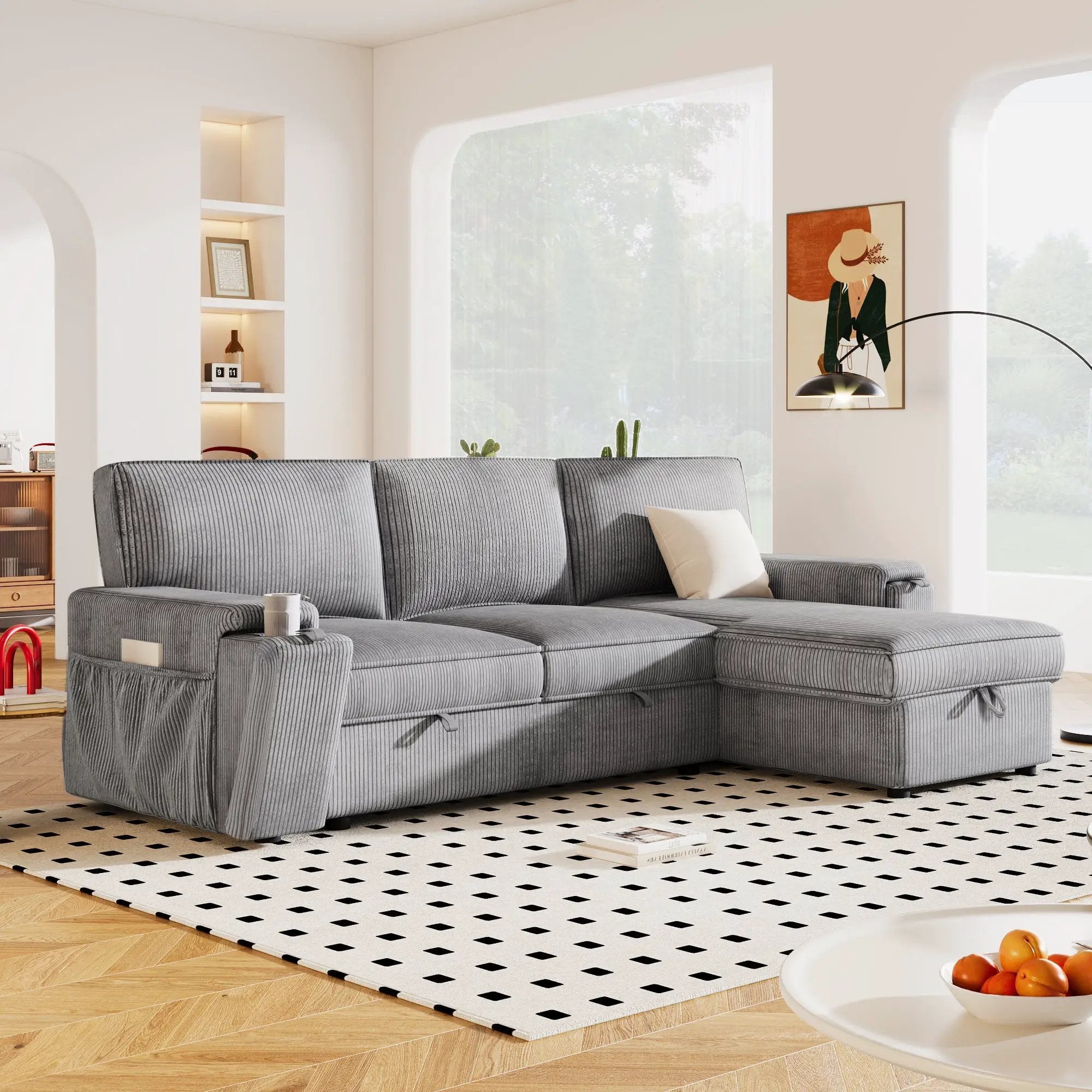 U_STYLE Upholstery Sleeper Sectional Sofa with Storage Bags by HouseOfZazla