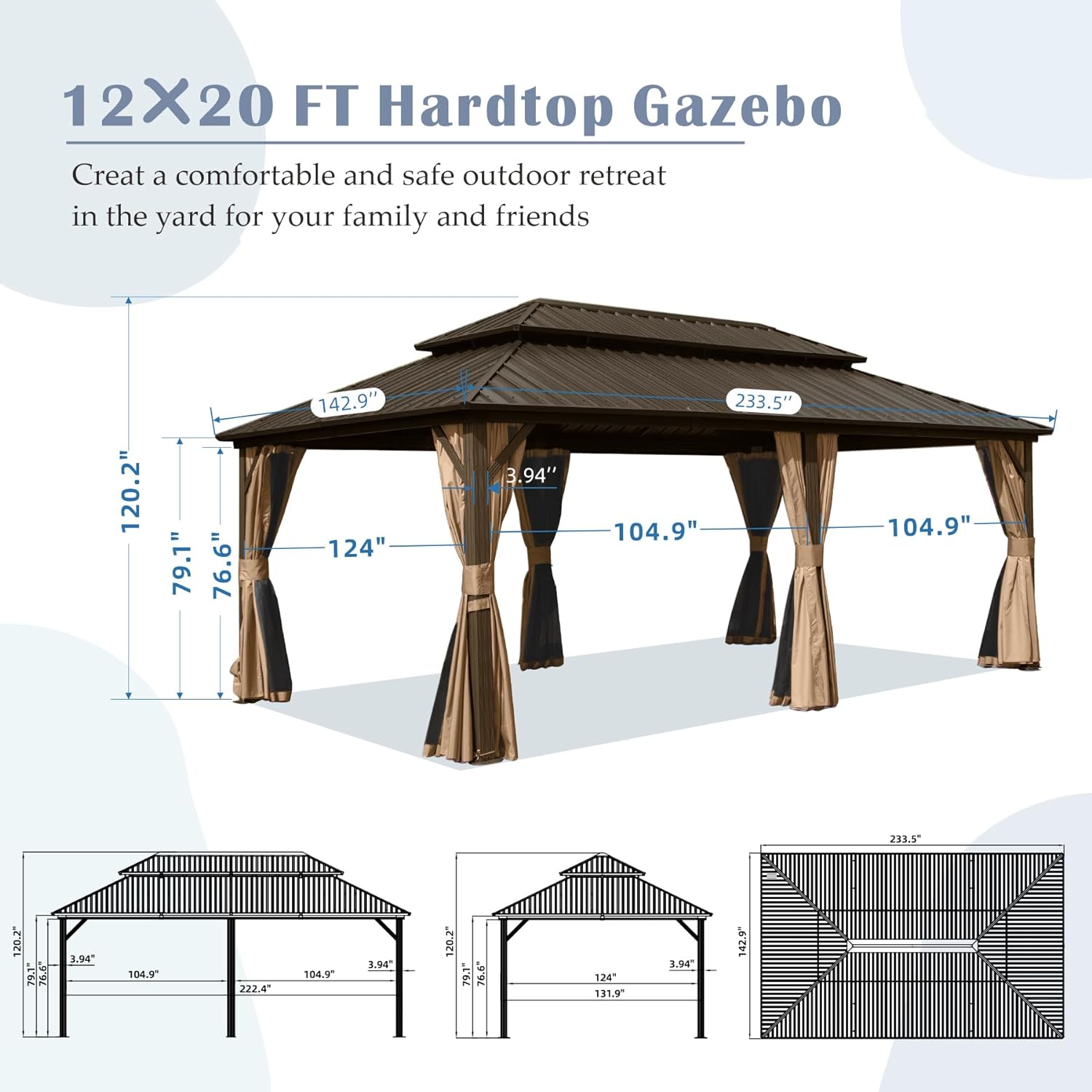 12' X 20' Hardtop Gazebo with Galvanized Steel Double Roof Canopy by HouseOfZazla
