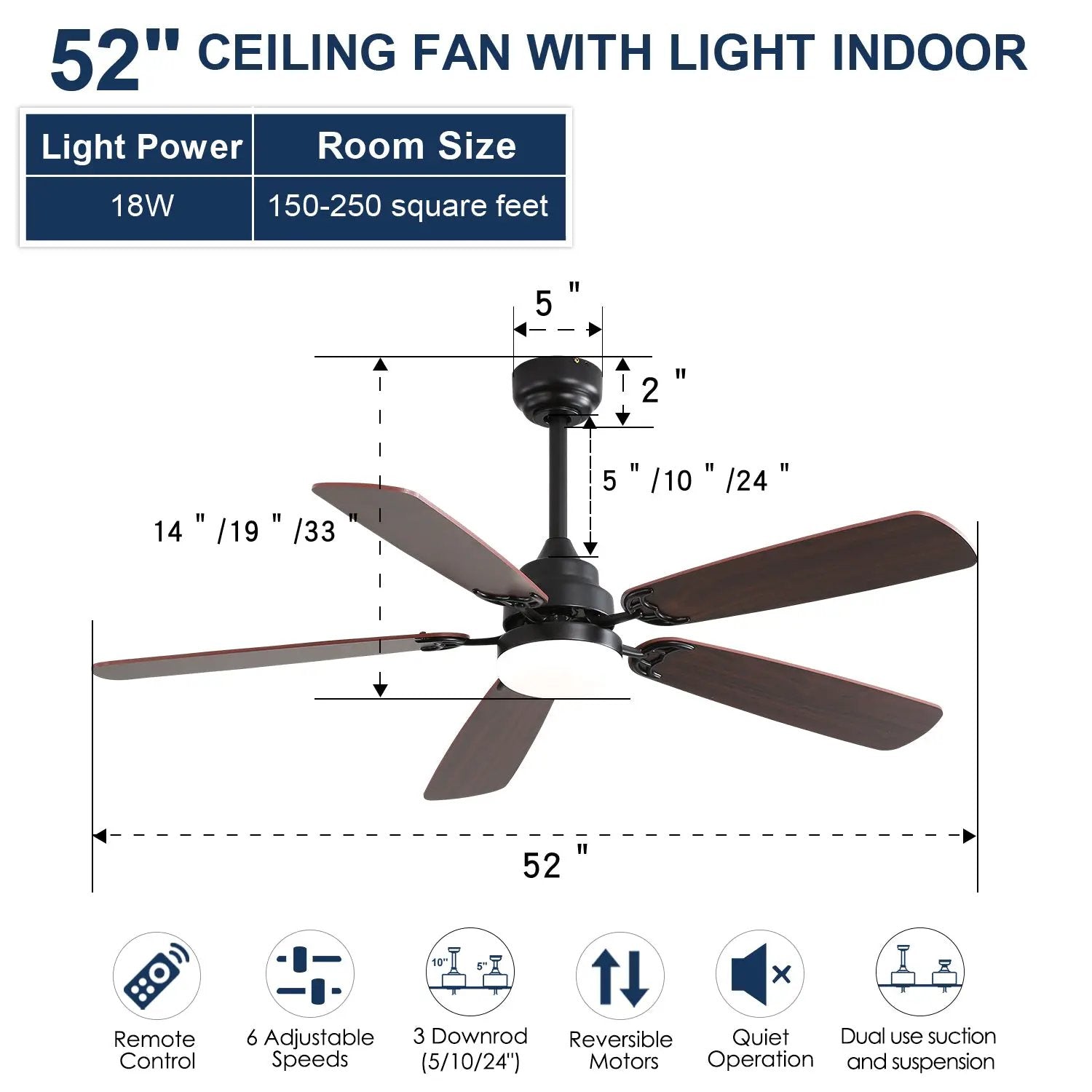 52 Inch Classics Ceiling Fan with LED Light & Remote Control by HouseOfZazla