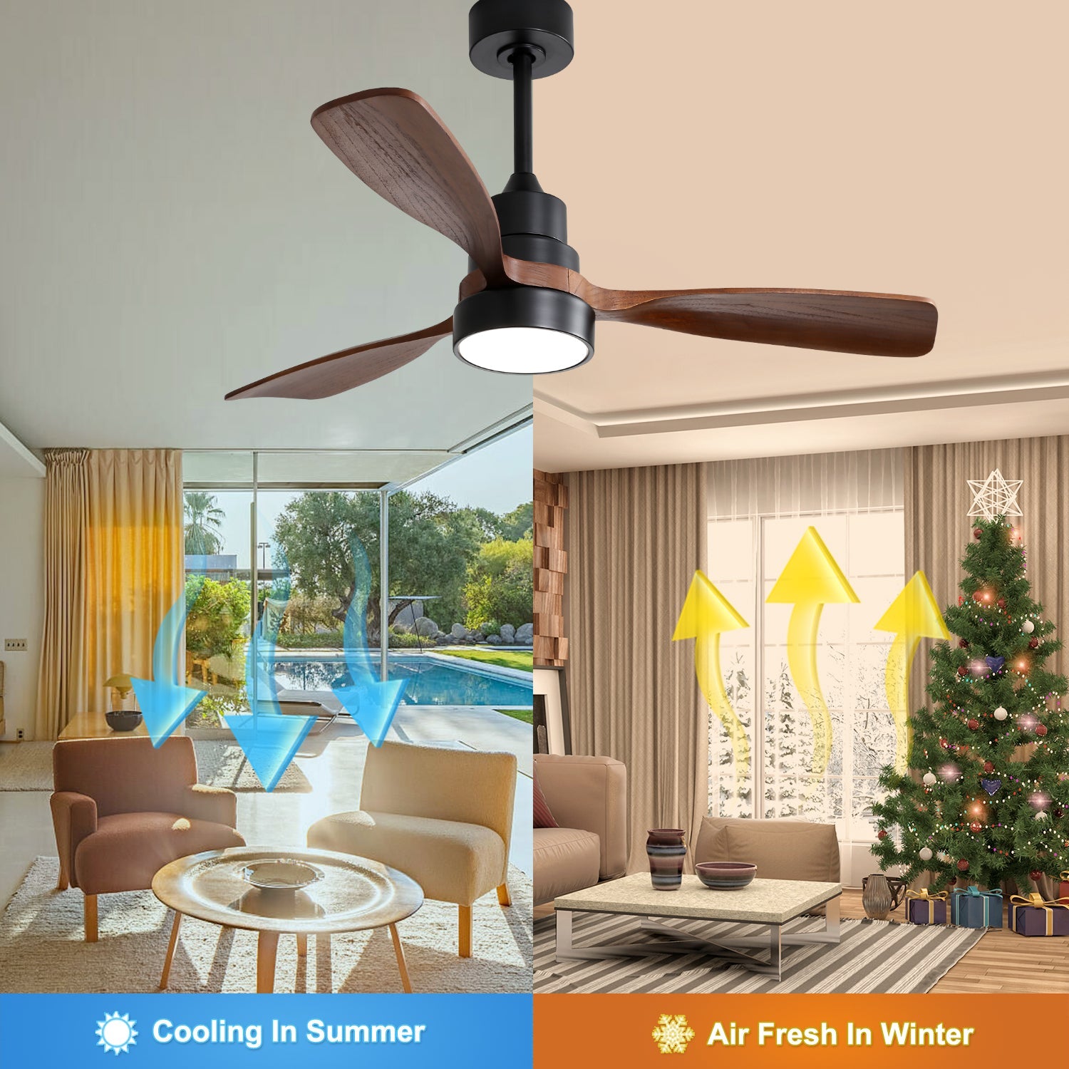 48 Inch Wood Ceiling Fan With 3 Solid Wood Blades and Remote Control by HouseOfZazla