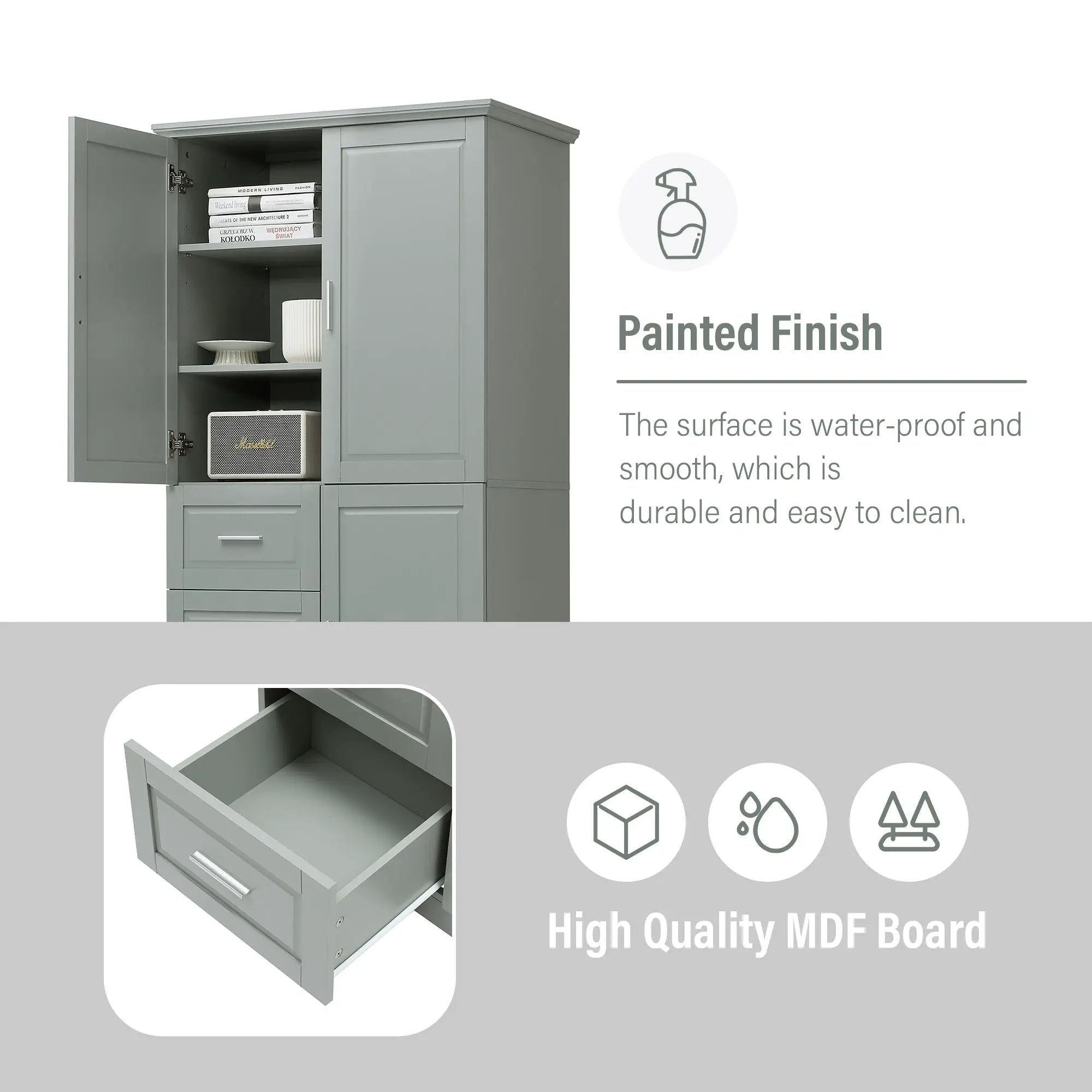 Tall and Wide Storage Cabinet with Doors for Bathroom or Office, Grey by HouseOfZazla