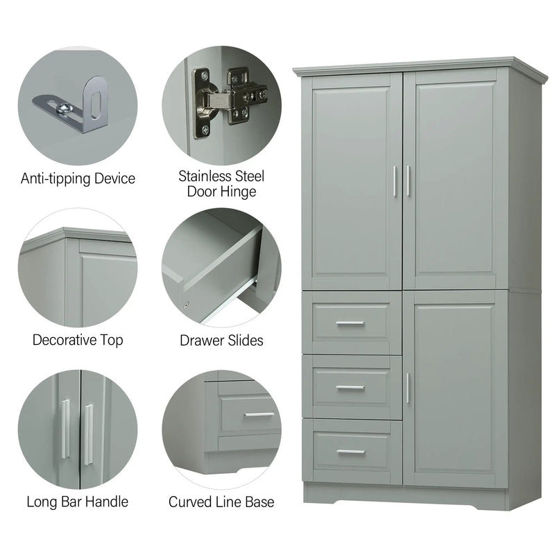 Tall and Wide Storage Cabinet with Doors for Bathroom or Office, Grey by HouseOfZazla