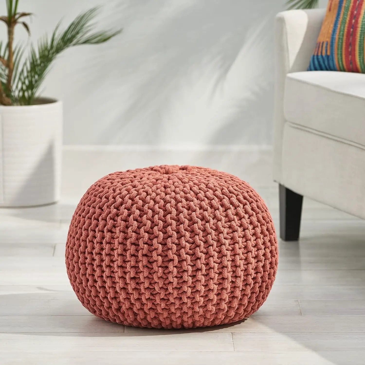 Poona Handcrafted Modern Cotton Pouf, Coral by HouseOfZazla