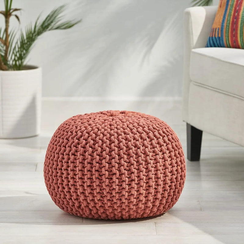 Poona Handcrafted Modern Cotton Pouf, Coral by HouseOfZazla