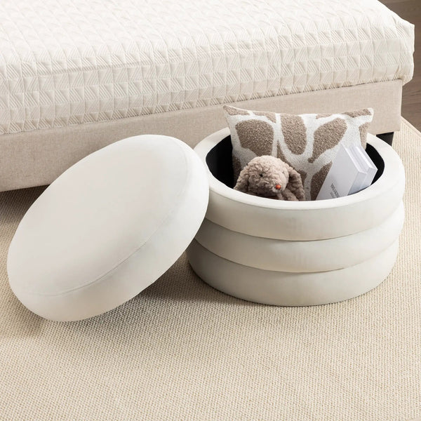 Velvet Fabric Storage Round Ottoman with Wooden Shelving
