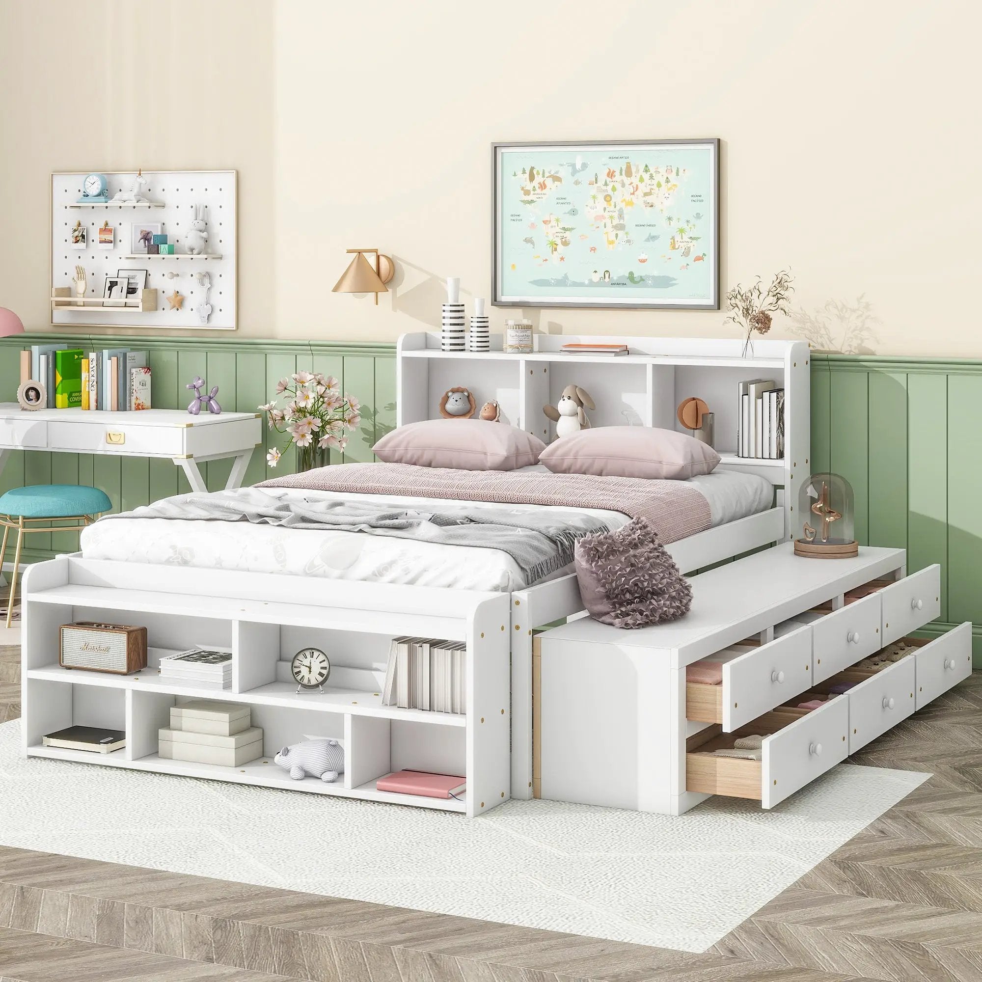 Full Bed with Bookcase Headboard, Under Bed Storage Drawers and Bed End Storage Case by HouseOfZazla
