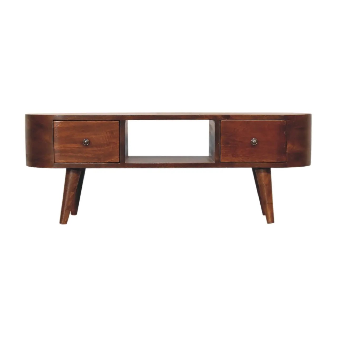 Chestnut Round Open Media Unit, 2-Drawers, 1 Open Slot by HouseOfZazla