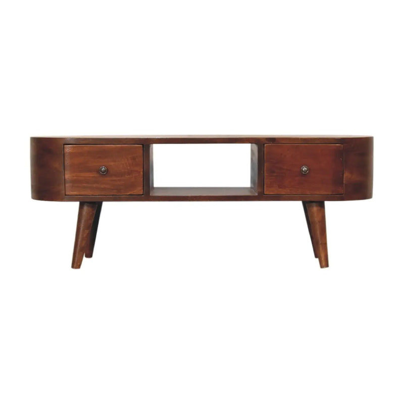 Chestnut Round Open Media Unit, 2-Drawers, 1 Open Slot by HouseOfZazla