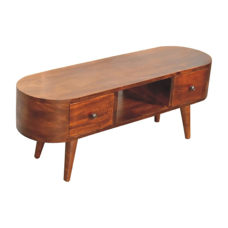 Chestnut Round Open Media Unit, 2-Drawers, 1 Open Slot by HouseOfZazla