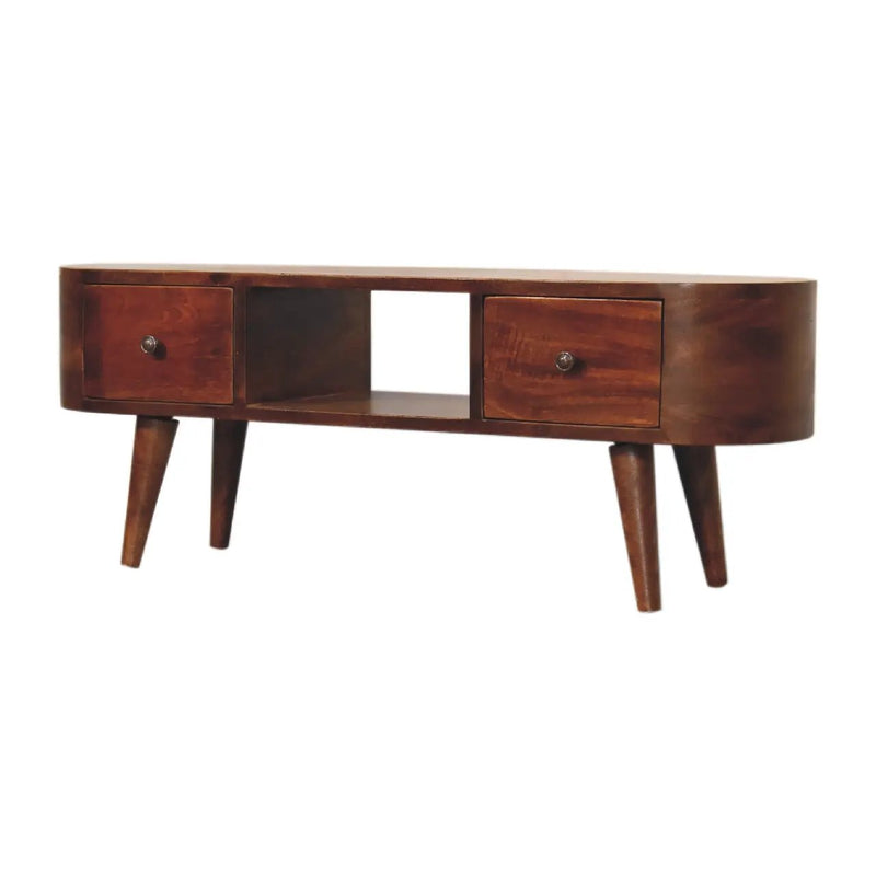 Chestnut Round Open Media Unit, 2-Drawers, 1 Open Slot by HouseOfZazla