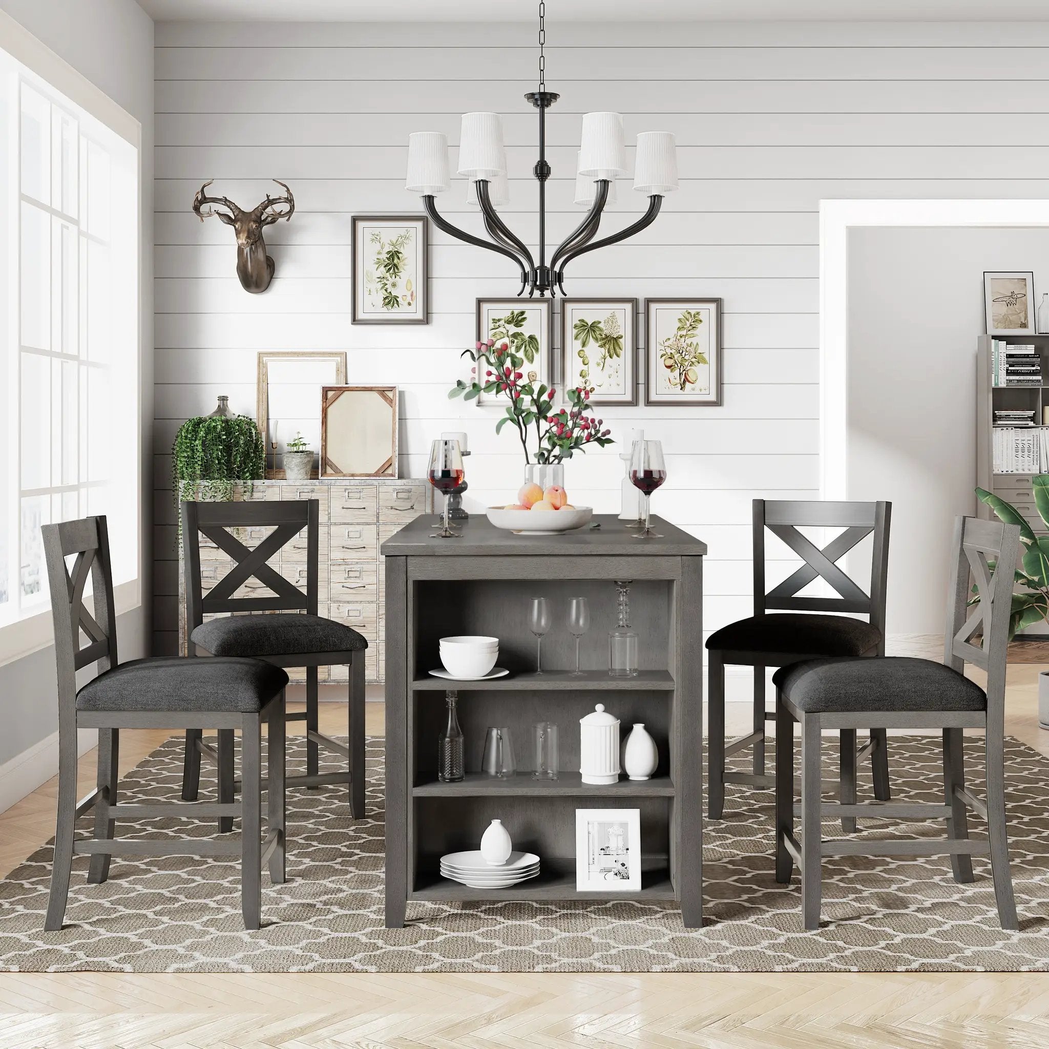 TOPMAX 5 Pieces Counter Height Rustic Farmhouse Dining Room Wooden Bar Table Set with 4 Chairs, Gray by HouseOfZazla