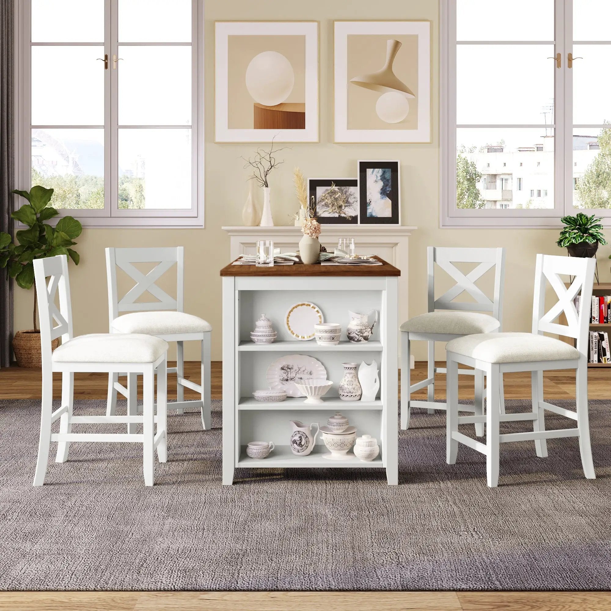 TOPMAX 5 Pieces Counter Height Rustic Farmhouse Dining Room Wooden Bar Table Set with 4 Chairs, White by HouseOfZazla