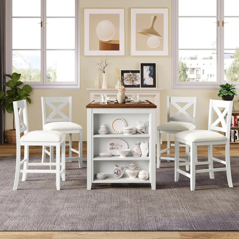 TOPMAX 5 Pieces Counter Height Rustic Farmhouse Dining Room Wooden Bar Table Set with 4 Chairs, White by HouseOfZazla