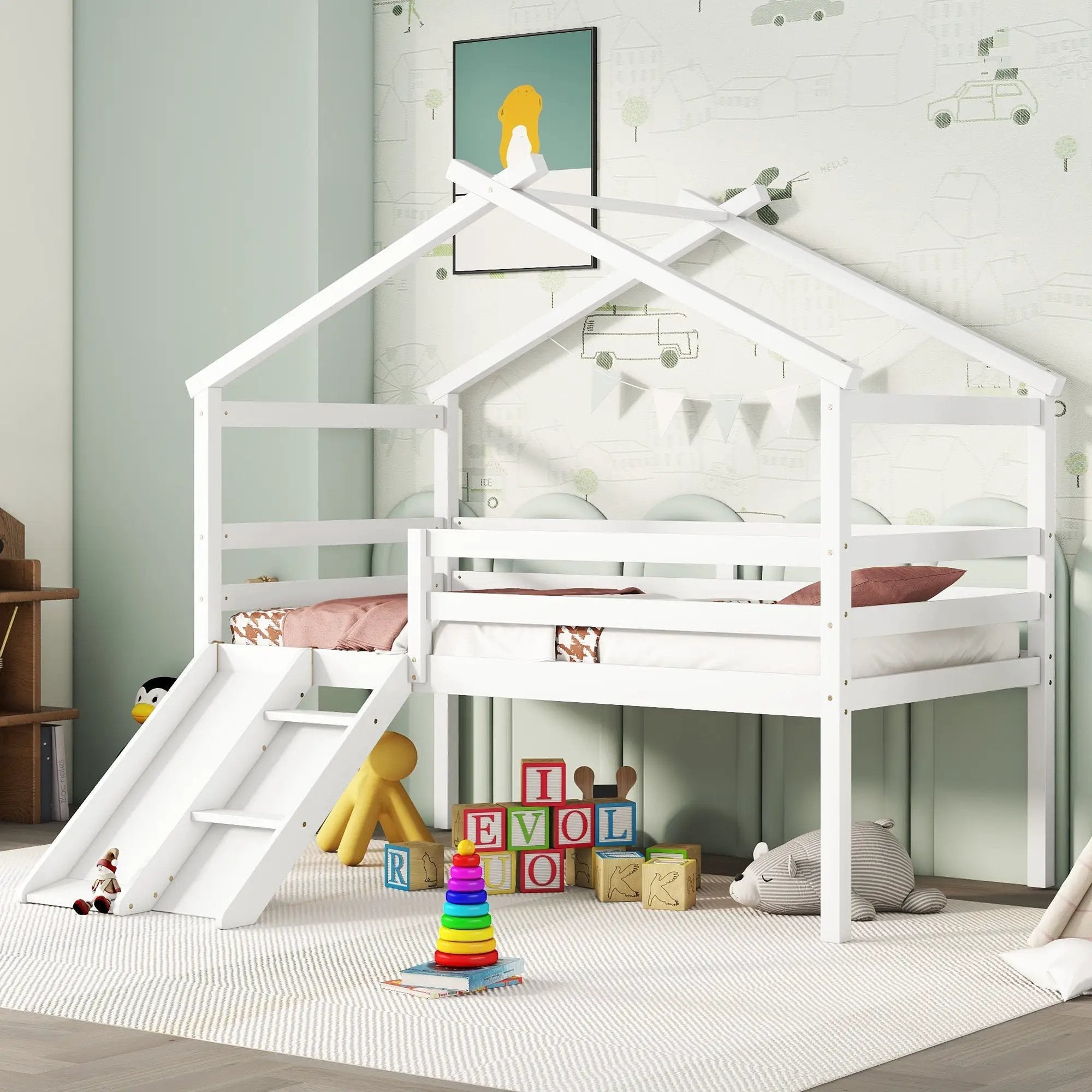 Twin Low Loft House Bed with Slide by HouseOfZazla