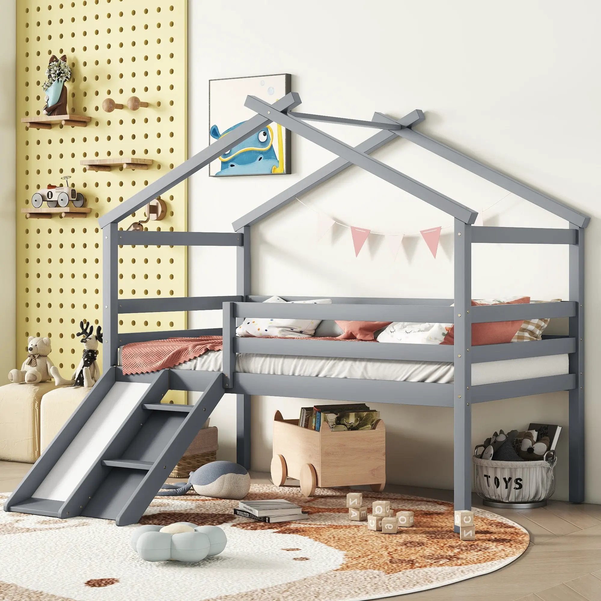 Twin Low Loft House Bed with Slide by HouseOfZazla