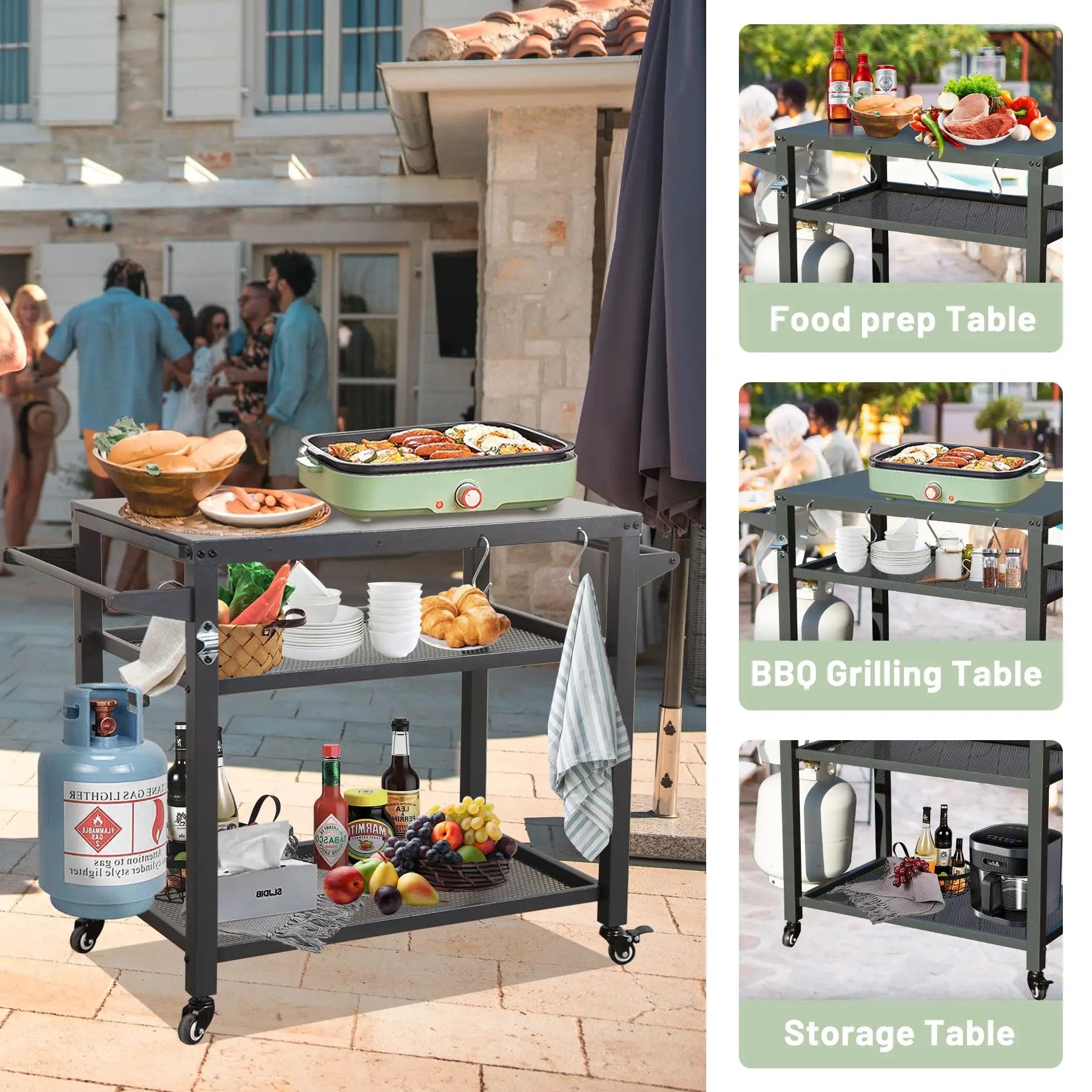 3-Shelf Outdoor Grill Table with Wheels and Propane Tank Hook by HouseOfZazla