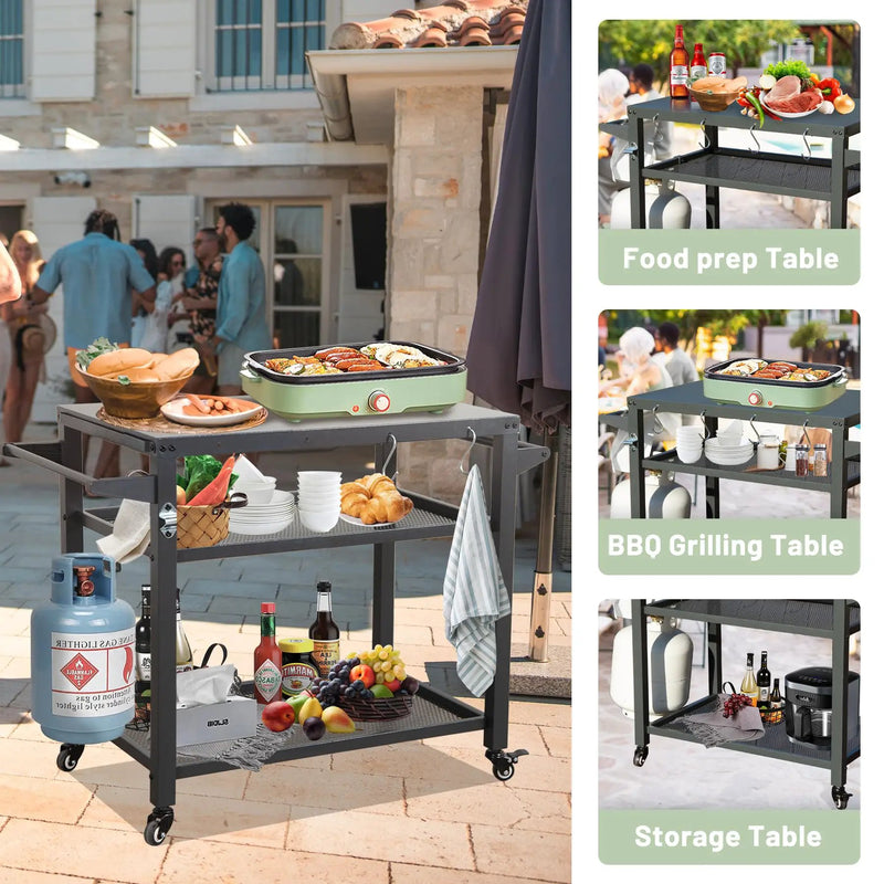 3-Shelf Outdoor Grill Table with Wheels and Propane Tank Hook by HouseOfZazla