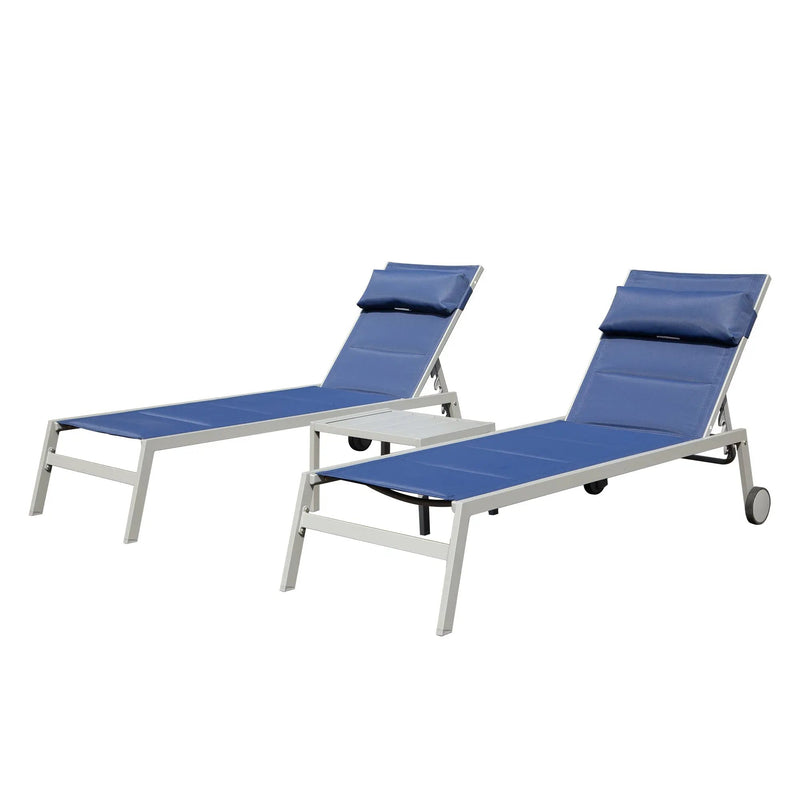 Outdoor Patio Chaise Lounge Set of 3, Aluminum Pool Lounge Chairs with Side Table and Wheels by HouseOfZazla