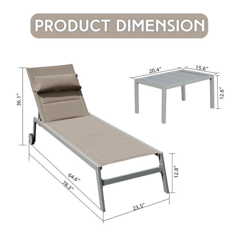 Outdoor Patio Chaise Lounge Set of 3 with Side Table and Wheels (Khaki) by HouseOfZazla